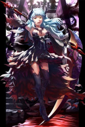 Rule 34 | 1girl, arm up, armpits, black dress, black footwear, black horns, black sleeves, black thighhighs, blue hair, boots, breasts, commentary request, detached sleeves, dress, full body, gradient dress, holding, holding scythe, horns, jewelry, long hair, looking at viewer, medium breasts, natsuya (kuttuki), necklace, open mouth, orange eyes, red dress, scythe, smile, solo, strapless, strapless dress, thighhighs, venus blade