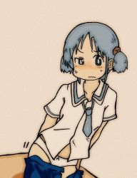 Rule 34 | 1girl, blue eyes, blue hair, blush, clothes pull, cube hair ornament, hair ornament, iwestcityi, naganohara mio, necktie, nichijou, panties, short twintails, skirt, skirt pull, solo, twintails, underwear, undressing, white panties