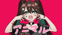 Rule 34 | 1girl, animal (vocaloid), black choker, black shirt, brown hair, cat hair ornament, choker, collarbone, colored inner hair, drooling, etna crimson, fangs, green eyes, green hair, hair ornament, highres, indonesian commentary, kardia (618099), multicolored hair, nijisanji, nijisanji id, o-ring, o-ring choker, open mouth, overalls, portrait, red hair, red overalls, shirt, solo, streaked hair, twintails, virtual youtuber, vocaloid
