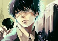 Rule 34 | 2boys, absurdres, black hair, blue eyes, closed mouth, collared shirt, commentary request, eyepatch, from side, furuta nimura, grey background, highres, kaneki ken, kyuuba melo, multicolored hair, multiple boys, outline, portrait, profile, shirt, short hair, smile, solo focus, tokyo ghoul, tokyo ghoul:re, two-tone hair, white outline