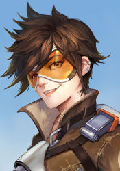 Rule 34 | 1girl, absurdres, blue sky, bomber jacket, brown eyes, brown hair, brown jacket, chest harness, ear piercing, eyelashes, fur trim, goggles, goldeen (a287354331), harness, highres, jacket, lips, looking at viewer, nose, overwatch, overwatch 1, piercing, pink lips, portrait, short hair, sky, smile, solo, spiked hair, strap, swept bangs, teeth, tracer (overwatch), upper body