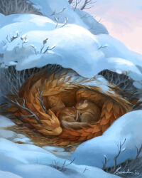 Rule 34 | animal, animal focus, antlers, closed eyes, curled up, day, dragon, fantasy, full body, highres, horns, no humans, original, outdoors, sandara, scales, signature, sleeping, snow, squirrel, tail, winter