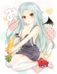 Rule 34 | 1girl, aqua hair, blush, brown eyes, carrot, collarbone, cross-laced footwear, demon wings, detached wings, haiyore! nyaruko-san, long hair, naked overalls, off shoulder, open mouth, overall skirt, overalls, personification, rochmaya, shantak (nyaruko-san), shoes, sneakers, solo, thighhighs, white thighhighs, wings
