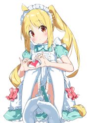Rule 34 | 1girl, absurdres, ahoge, alternate costume, apron, aqua dress, blonde hair, blush, bocchi the rock!, closed mouth, commentary request, dress, enmaided, frilled dress, frills, heart, heart hands, highres, ijichi nijika, long hair, maid, maid apron, maid headdress, one side up, puffy short sleeves, puffy sleeves, red eyes, short sleeves, simple background, solo, suta0822, thighhighs, white apron, white background, white thighhighs
