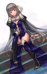 Rule 34 | 1girl, absurdres, black footwear, boots, bravely default: flying fairy, bravely default (series), bravely second: end layer, breasts, center opening, cleavage, dress, grey hair, highres, leg lift, long hair, magnolia arch, medium breasts, nanjyolno, panties, pantyshot, red eyes, sitting, smile, solo, stairs, thighhighs, thighs, underwear, very long hair, colored eyelashes, white panties