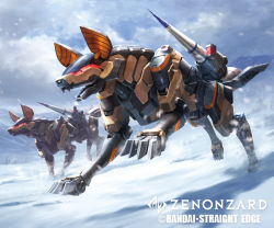 Rule 34 | blue sky, cloud, company name, copyright name, day, mecha, missile, no humans, official art, outdoors, robot, running, sky, snowing, tory youf, watermark, zenonzard