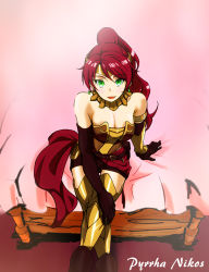 Rule 34 | 1girl, armor, bed, belt, boots, breasts, cleavage, elbow gloves, gloves, gradient background, green eyes, highres, long hair, pyrrha nikos, red hair, rwby, sitting, solo