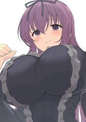 Rule 34 | 1girl, blush, breasts, close-up, dress, hair ribbon, highres, huge breasts, impossible clothes, large breasts, long hair, looking at viewer, looking down, maid, maid headdress, murasaki (senran kagura), purple eyes, purple hair, ribbon, senran kagura, simple background, smile, solo, spherical breasts, tagme, taut clothes, taut dress, tight clothes, tight dress, upper body, white background