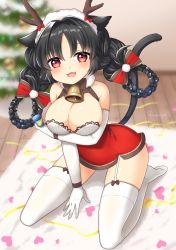 Rule 34 | animal ears, antlers, azur lane, bell, between legs, black hair, braid, braided hair rings, breast hold, breasts, brown ribbon, cat ears, cat tail, christmas lights, christmas ornaments, christmas tree, cleavage, dress, ears down, ebino mayo, elbow gloves, eyebrows hidden by hair, fake antlers, fur collar, gloves, hair ribbon, hair rings, highres, horns, large breasts, long hair, looking at viewer, neck bell, official alternate costume, ooshio (azur lane), ooshio (the reindeer&#039;s present) (azur lane), open mouth, party popper, red dress, red eyes, red ribbon, reindeer antlers, ribbon, ribbon-trimmed legwear, ribbon trim, short dress, signature, smile, solo, tail, thighhighs, twin braids, white gloves, white thighhighs