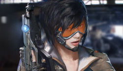 Rule 34 | 1girl, black hair, bruce zhang, goggles, gun, highres, holding, holding gun, holding weapon, lips, looking at viewer, nose, orange goggles, overwatch, overwatch 1, parted lips, realistic, short hair, solo, tracer (overwatch), weapon
