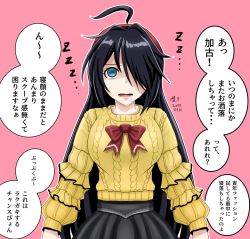 Rule 34 | 1girl, ahoge, alternate costume, black hair, bow, bowtie, breasts, drooling, empty eyes, hair over one eye, kako (kancolle), kantai collection, large breasts, long hair, long sleeves, messy hair, open mouth, red bow, red bowtie, solo, speech bubble, sweater, tk8d32, translation request, yellow sweater