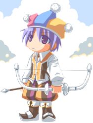 Rule 34 | 1boy, arrow (projectile), baggy pants, blue hat, boots, bow, bow (weapon), brown footwear, brown pants, brown vest, chibi, closed mouth, clown (ragnarok online), collared shirt, commentary request, expressionless, eyes visible through hair, full body, hair between eyes, hat, holding, holding arrow, holding bow (weapon), holding weapon, jester cap, looking at viewer, male focus, multicolored clothes, multicolored hat, pants, pink hat, purple eyes, ragnarok online, sakakura (sariri), shirt, short hair, solo, standing, vest, weapon, white background, white shirt, yellow bow