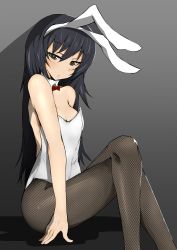 Rule 34 | 1girl, animal ears, arm support, backless leotard, black hair, black pantyhose, bow, bowtie, breasts, brown eyes, closed mouth, commentary, crossed legs, detached collar, fake animal ears, fishnet pantyhose, fishnets, frown, girls und panzer, grey background, half-closed eyes, head tilt, leotard, long hair, looking at viewer, ngc20701, pantyhose, playboy bunny, rabbit ears, red bow, red bowtie, reizei mako, shadow, sitting, small breasts, solo, strapless, strapless leotard, white leotard