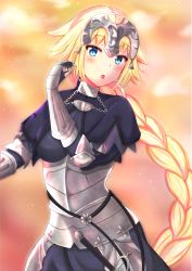 Rule 34 | 1girl, :o, armor, armored dress, black dress, blonde hair, blue eyes, blurry, blurry background, blush, braid, braided ponytail, chain, cowboy shot, dress, fate/apocrypha, fate (series), faulds, gauntlets, headpiece, jeanne d&#039;arc (fate), jeanne d&#039;arc (ruler) (fate), long hair, looking at viewer, ponytail, ripi ur, single braid, solo, standing, very long hair