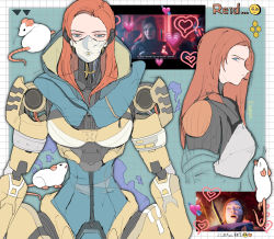 Rule 34 | 1girl, animification, apex legends, armor, ash (titanfall 2), ash (titanfall 2) (cosplay), ashleigh reid, blue eyes, breastplate, cable, cosplay, english text, hair behind ear, headset, heart, highres, kagaya (oshiriudon), long hair, looking at viewer, looking to the side, mask, mouse (animal), multiple views, orange hair, screenshot inset, stab
