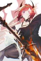 Rule 34 | 1girl, absurdres, arknights, black footwear, black jacket, blush, chest harness, darah, demon horns, embers, flaming weapon, harness, highres, holding, holding weapon, horns, huge filesize, jacket, long hair, long sleeves, looking at viewer, off-shoulder jacket, off shoulder, purple eyes, red hair, solo, surtr (arknights), thigh strap, thighhighs, very long hair, weapon
