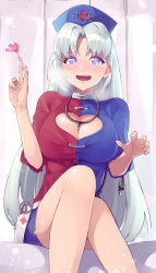 Rule 34 | 1girl, bare legs, belt pouch, blue eyes, breasts, breath, cleavage, constellation print, curtains, hat, heart, highres, hukahito, knees together feet apart, large breasts, long hair, miniskirt, nurse, nurse cap, open mouth, parted bangs, pouch, scissors, short sleeves, silver hair, sitting, skirt, solo, stethoscope, straight hair, sweat, syringe, tareme, thighs, touhou, yagokoro eirin