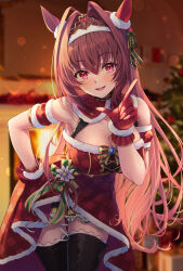 Rule 34 | 1girl, bare shoulders, black thighhighs, blurry, blurry background, blush, christmas, christmas tree, daiwa scarlet (scarlet nuit etoile) (umamusume), daiwa scarlet (umamusume), dress, ear ornament, gloves, hand on own hip, highres, horse girl, indoors, looking at viewer, official alternate costume, open mouth, pink eyes, primamiya, red dress, red gloves, smile, sparkle, standing, thighhighs, tiara, umamusume