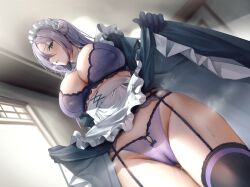 Rule 34 | 1girl, absurdres, apron, black gloves, black thighhighs, blush, bra, breasts, cameltoe, clothes lift, dutch angle, frilled apron, frilled skirt, frills, from below, garter belt, gloves, green eyes, groin, hair between eyes, highres, hiyashi mirano, indoors, lace, lace-trimmed bra, lace trim, large breasts, lifted by self, long hair, looking at viewer, looking down, maid, maid headdress, non-web source, original, panties, parted lips, purple bra, purple hair, purple panties, skindentation, skirt, skirt hold, skirt lift, solo, stained panties, steaming body, sweat, thighhighs, thighs, thong, underwear, white apron, window
