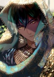 Rule 34 | 1boy, bishounen, dark-skinned male, dark skin, earrings, egyptian clothes, embroidery, eyeliner, fate/grand order, fate (series), hair between eyes, head tilt, highres, jewelry, lace trim, light particles, long bangs, looking at viewer, makeup, male focus, ozymandias (fate), parted lips, portrait, sakura hitsuji, short hair, solo, twitter username, yellow eyes