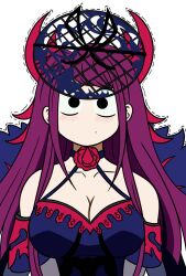 Rule 34 | 1girl, bare shoulders, black eyes, blush, breasts, cleavage, collarbone, dress, fascinator, fire emblem, fire emblem engage, highres, ivy (fire emblem), komi-san wa komyushou desu, large breasts, long hair, looking at viewer, nervous, nintendo, no mouth, parody, purple hair, solo, trembling, upper body, white background, will (willanator93)