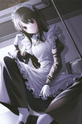 Rule 34 | 1girl, against wall, apron, bell, black choker, black dress, black footwear, black hair, blush, brown eyes, bucket, choker, closed mouth, commentary request, dress, dutch angle, feet out of frame, gloves, highres, indoors, juliet sleeves, kanzi, long hair, long sleeves, looking at viewer, maid, maid headdress, mixed-language commentary, mob, neck bell, neck ribbon, original, picture frame, puffy sleeves, ribbon, sitting, solo, spread legs, white apron, white gloves, white legwear, white ribbon