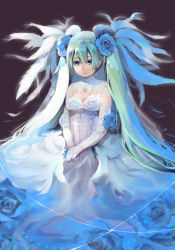 Rule 34 | 1girl, blue rose, breasts, cleavage, dress, elbow gloves, flower, frey (rune factory), gloves, green hair, long hair, mg kurino, rose, rune factory, rune factory 4, sitting, sleeveless, solo, twintails, veil, wedding dress, white gloves