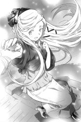 Rule 34 | 1girl, :d, boots, floating hair, from above, full body, greyscale, holding hands, hara kazuhiro, high heel boots, high heels, highres, jewelry, log horizon, long hair, long skirt, looking at viewer, monochrome, novel illustration, official art, open mouth, reinesia el arte cowen, ring, skirt, smile, standing, very long hair