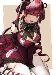 Rule 34 | 1girl, ankle lace-up, between legs, bow, breasts, cleavage, cross-laced footwear, hair bow, hair ribbon, hand between legs, happy, heterochromia, highres, hololive, houshou marine, houshou marine (gothic lolita), kneeling, large breasts, long hair, oekakizuki, open mouth, red hair, ribbon, see-through, see-through cleavage, simple background, sitting, solo, twintails, very long hair, virtual youtuber, yokozuwari