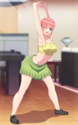 Rule 34 | 1girl, ;), absurdres, arched back, asobi night, ass, black footwear, blue eyes, blush, breasts, cammy stretch (meme), cleavage, collarbone, flexible, from side, full body, go-toubun no hanayome, green skirt, highres, indoors, large breasts, leaning forward, looking at viewer, meme, midriff, nakano ichika, navel, one eye closed, open mouth, pantylines, pink hair, short hair, skindentation, skirt, smile, solo, sports bra, thighs, twitter username