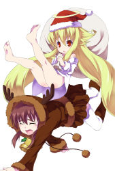 Rule 34 | 2girls, all fours, angelia avallone, animal costume, aq interactive, arcana heart, arcana heart 2, ass, atlus, bag, barefoot, bell, blonde hair, blush, bottomless, brown hair, child, christmas, dress shirt, examu, closed eyes, feet, female focus, fiona mayfield, flat chest, halo, hat, highres, hood, hoodie, long hair, multiple girls, off shoulder, open mouth, red eyes, reindeer costume, santa hat, shirt, short twintails, skirt, sleeves past wrists, tears, thighhighs, torimaru, twintails, very long hair, white legwear