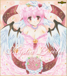 Rule 34 | 1girl, animal ears, artist name, bare shoulders, beamed quavers, bird ears, bird wings, blush, bouquet, breasts, character name, choker, cleavage, dress, flower, frilled dress, frills, hair ornament, heart hair ornament, jewelry, large breasts, looking at viewer, musical note, mystia lorelei, necklace, pink dress, pink hair, pink rose, quaver, red eyes, ribbon, rose, short hair, smile, solo, staff (music), strapless, strapless dress, tamagoboro, touhou, traditional media, wedding dress, wing hair ornament, wings