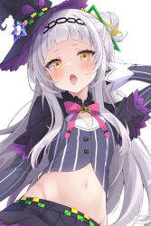 Rule 34 | 1girl, arched bangs, blunt bangs, blush, bow, breasts, grey hair, hair bun, hair ornament, hairband, hat, highres, hololive, kurono yuzuko, long hair, long sleeves, looking at viewer, midriff, murasaki shion, navel, open mouth, shirt, simple background, skirt, small breasts, solo, striped, vertical stripes, virtual youtuber, white background, witch hat, yellow eyes