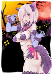Rule 34 | 1girl, :o, absurdres, animal ears, arm up, bat (animal), blush, breasts, cleavage, contrapposto, cowboy shot, elbow gloves, eyes visible through hair, fang, fate/grand order, fate (series), fingernails, from side, gloves, hair over one eye, highres, kemonomimi mode, looking at viewer, mash kyrielight, mash kyrielight (dangerous beast), medium breasts, mitsudoue, official alternate costume, open mouth, pink hair, purple eyes, purple gloves, purple thighhighs, revealing clothes, sharp fingernails, short hair, solo, standing, sweatdrop, tail, thighhighs, wolf ears, wolf tail
