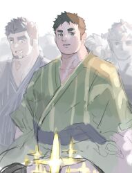 Rule 34 | 2boys, bara, blush, character request, crave saga, crowd, drooling, facial hair, glowing crotch, goatee, green kimono, highres, japanese clothes, kimono, long sideburns, looking at crotch, looking at penis, male focus, multiple boys, neumo, pectoral cleavage, pectorals, protagonist (crave saga), short hair, sideburns, solo focus, sparkling aura, thick eyebrows, yaoi