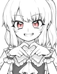 Rule 34 | 1girl, eye focus, flandre scarlet, grin, hands up, heart, heart hands, looking at viewer, medium hair, monochrome, one side up, oninamako, red eyes, shirt, simple background, smile, spot color, touhou, upper body, white background, wrist cuffs