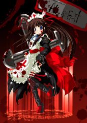 Rule 34 | 1girl, apron, blood, blood on clothes, blood on face, blood splatter, blue eyes, boots, brown hair, cross, cross-laced footwear, full body, hand on own hip, hat, iron cross, knee boots, long sleeves, magic circle, maid, maid apron, nurse, nurse cap, sash, shinkichi (usadama), solo, standing, standing on one leg, twintails, weapon