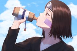 Rule 34 | 1girl, absurdres, bad id, bad pixiv id, blue sky, blurry, brown eyes, brown hair, cloud, cloudy sky, collarbone, commentary request, day, drinking, facing to the side, forehead protector, from side, hand up, highres, holding, long sleeves, mil k vanilla, naruto, naruto (series), nohara rin, parted bangs, short hair, sky, solo, sweat, upper body