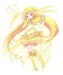 Rule 34 | 10s, 1girl, bad id, bad pixiv id, blonde hair, boots, bow, brooch, bubble skirt, choker, circlet, cure muse, cure muse (yellow), dress, earrings, frills, hair ribbon, hand on own cheek, hand on own face, jewelry, knee boots, long hair, looking at viewer, magical girl, precure, purple eyes, ribbon, shirabe ako, skirt, smile, solo, suite precure, ume (plumblossom), waving, yellow dress, yellow skirt