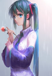 Rule 34 | 1girl, blue eyes, detached sleeves, flower, from side, green hair, hatsune miku, highres, long hair, looking at viewer, looking to the side, necktie, rain, rose, solo, tattoo, twintails, upper body, very long hair, vocaloid, wet, yuket