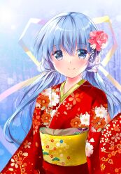 Rule 34 | 1girl, alternate costume, arm at side, asahina yori, blue eyes, blue hair, blurry, blurry background, blush, closed mouth, commentary request, commission, eyelashes, eyes visible through hair, floating hair, floral print, flower, hair between eyes, hair ornament, hair ribbon, hand up, happy, highres, hoshino yumemi, japanese clothes, kanzashi, kimono, long hair, long sleeves, looking at viewer, low twintails, no headwear, photo background, pink flower, planetarian, red flower, red kimono, ribbon, sash, second-party source, skeb commission, smile, solo, twintails, upper body, very long hair, white flower, wide sleeves, yellow ribbon, yellow sash, yukata