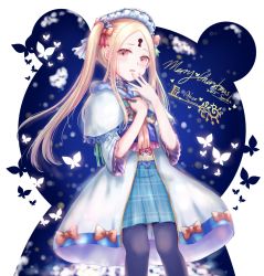 Rule 34 | 1girl, abigail williams (fate), alternate costume, alternate hairstyle, black pantyhose, blonde hair, blue skirt, blush, bow, brown bow, bug, butterfly, capelet, commentary request, dress, fate/grand order, fate (series), fingernails, fur-trimmed capelet, fur trim, hair bow, hands up, head tilt, highres, insect, key, keyhole, kinom (sculpturesky), looking at viewer, merry christmas, pantyhose, parted bangs, parted lips, plaid, plaid skirt, pleated skirt, red eyes, short sleeves, sidelocks, skirt, solo, twintails, white capelet, white dress, wide sleeves