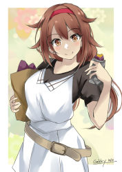 Rule 34 | 1girl, bag, belt, black shirt, brown eyes, brown hair, commentary request, contrapposto, dress, food, gakky, hairband, kantai collection, long hair, looking at viewer, low ponytail, official alternate costume, one-hour drawing challenge, paper bag, red hairband, shiratsuyu (kancolle), shiratsuyu kai ni (kancolle), shirt, smile, solo, sweet potato, white dress