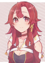Rule 34 | 1girl, absurdres, breasts, choker, cleavage, cleavage cutout, closed mouth, clothing cutout, diagonal stripes, dress, hair ribbon, highres, izetta, long hair, looking at viewer, medium breasts, red choker, red dress, red eyes, red hair, ribbon, shoulder cutout, shuumatsu no izetta, smile, solo, sorimachi-doufu, striped, striped background, upper body, yellow ribbon