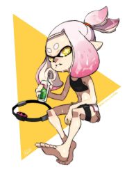 Rule 34 | 1girl, alternate costume, alternate hairstyle, bare arms, bare legs, bare shoulders, barefoot, black sports bra, cross-shaped pupils, cup, drink, drinking straw, flat chest, full body, highres, holding, holding cup, holding drink, inkling, isamu-ki (yuuki), joy-con, long hair, mole, mole under mouth, navel, nintendo, pearl (splatoon), pink hair, pointy ears, ring-con, ring fit adventure, sitting, solo, splatoon (series), sports bra, suction cups, sweat, symbol-shaped pupils, tentacle hair, topknot, twitter username, yellow eyes