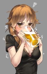 Rule 34 | 92m, @ @, alcohol, beer, black shirt, blouse, blush, breasts, brown eyes, brown hair, cleavage, cup, drinking, drunk, idolmaster, idolmaster cinderella girls, idolmaster cinderella girls starlight stage, katagiri sanae, low twintails, mug, ringed eyes, shirt, solo, twintails, upper body