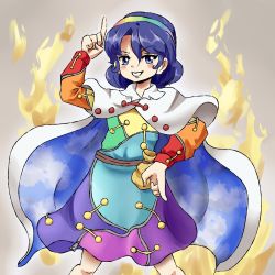 Rule 34 | 1girl, aura, blue eyes, blue hair, blush, cape, cowboy shot, dress, hairband, highres, long sleeves, multicolored clothes, multicolored dress, multicolored hairband, open mouth, pointing, pointing down, pointing up, praetopotato, rainbow gradient, red button, short hair, sky print, tenkyuu chimata, touhou, two-sided cape, two-sided fabric, unconnected marketeers, white cape