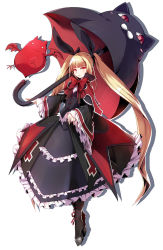Rule 34 | 1girl, bat (animal), black bow, black dress, black footwear, blazblue, blazblue: central fiction, blonde hair, boots, bow, cat, dress, expressionless, frills, full body, gii, hair bow, highres, katou yuuki, long hair, looking at viewer, nago, official art, platform boots, platform footwear, rachel alucard, red bow, red eyes, shadow, slit pupils, standing, twintails, umbrella, white background
