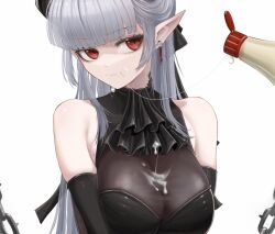 Rule 34 | 1girl, :t, arknights, bare shoulders, black dress, black gloves, blunt bangs, breasts, chain, chained sarkaz girl, cleavage, closed mouth, dress, earrings, eating, elbow gloves, gloves, grey hair, jewelry, large breasts, long hair, mildt, pointy ears, red eyes, sexually suggestive, simple background, sleeveless, sleeveless dress, solo, suggestive fluid, upper body, very long hair, white background