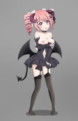 Rule 34 | 1girl, absurdres, black thighhighs, blush, breasts, cleavage, clothing cutout, cosplay, demon girl, demon horns, demon tail, embarrassed, fake horns, fake tail, full body, garter straps, grey background, highres, horns, jashin-chan dropkick, large breasts, lingerie, looking at viewer, navel, navel cutout, nipples, open mouth, pink eyes, pink hair, pino (jashin-chan dropkick), simple background, solo, standing, tail, thighhighs, tomato (papanohimitsu), underwear